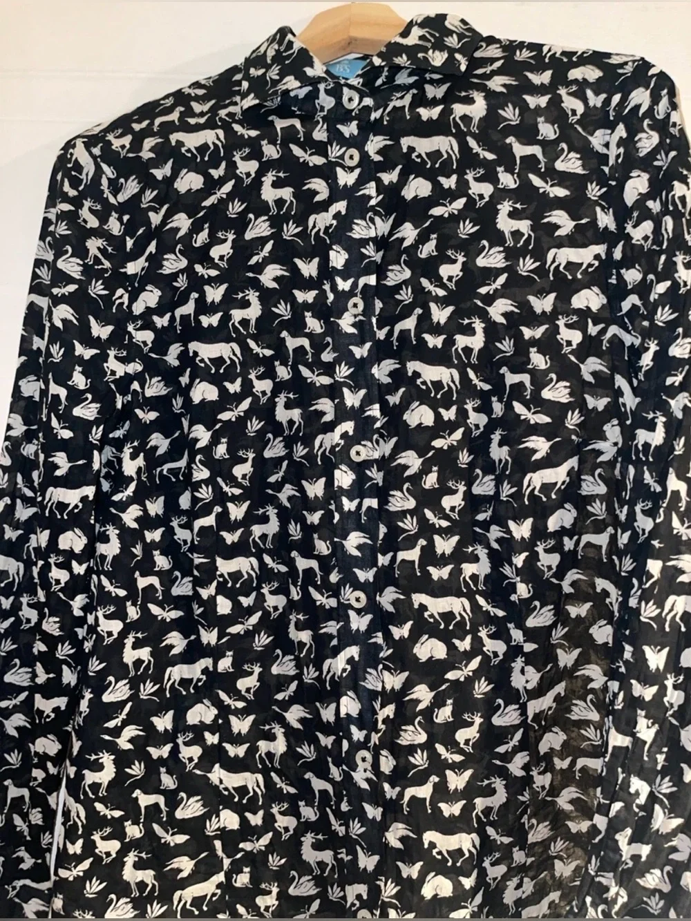B.S Frankonia Black Sheer Cotton Button-Up Shirt Blouse with White Animal Print - Picture 3 of 11